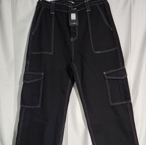 Black white stitch Wide leg Cargo jeans